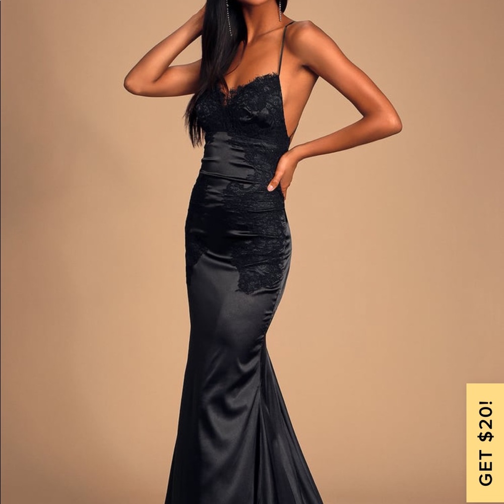 Lulu’s Fantasy Come True Black Lace Satin Dress